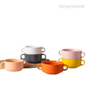 Embossed Color Glazed 320ml Soup bowl with 2 handles