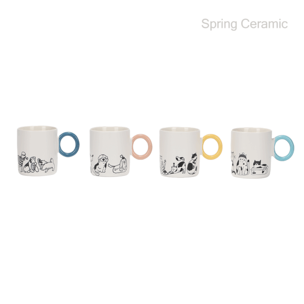 12OZ Pet Mug Straight body with special handle New bone china Silk screen full white with color glaze handle