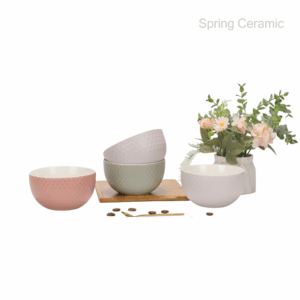 18OZ Embossed bowl glossy white inside matt color glaze outside with different design