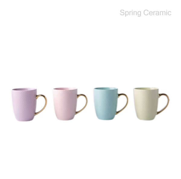 Embossed Color Glaze Ceramic Mug With Gold Handle