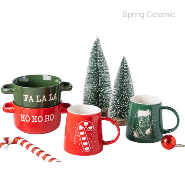 Spring color glazed double ear bowl and mug set